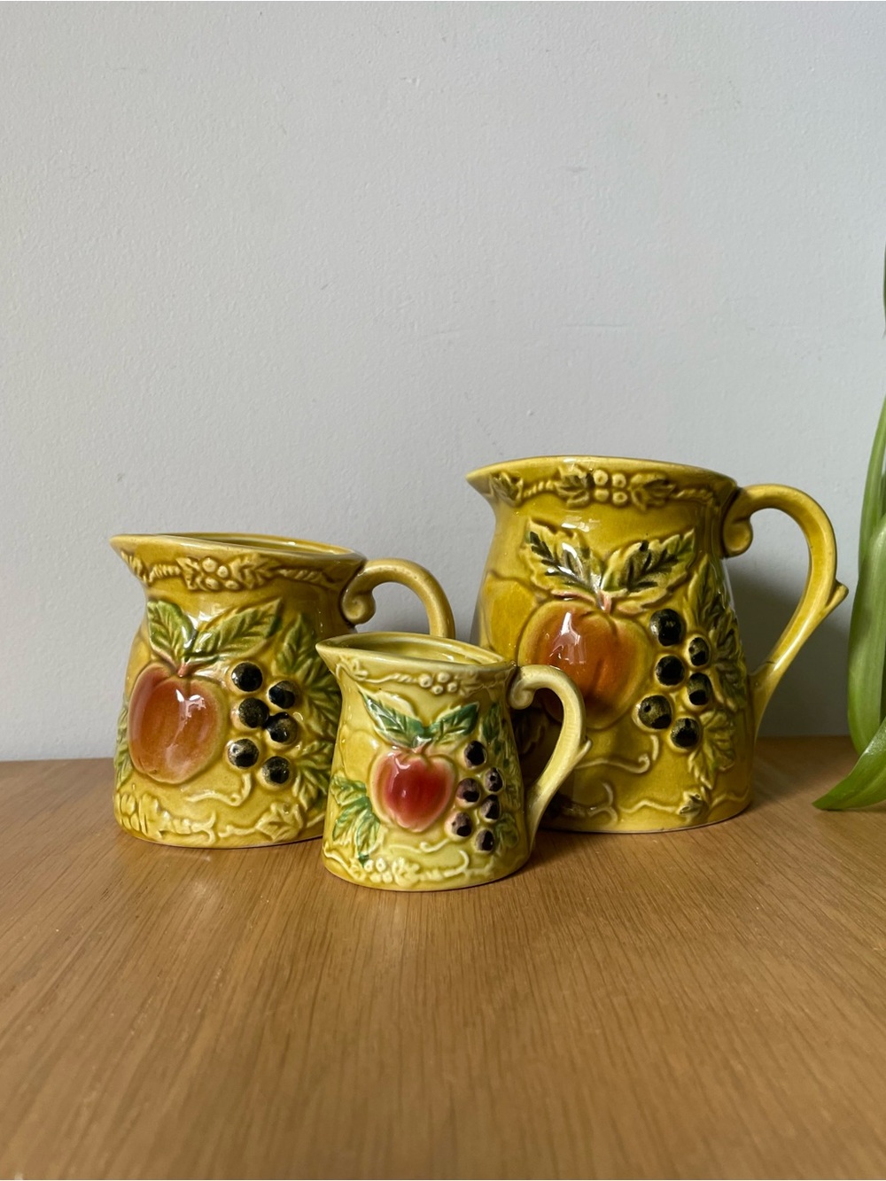 Vintage Mid-Century Ceramic Fruit Measuring Pitchers Set of 3 Japan